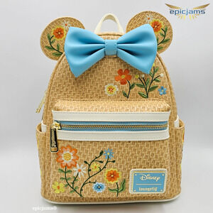 Loungefly Disney Minnie Mouse Raffia Floral Ears Mini Backpack New